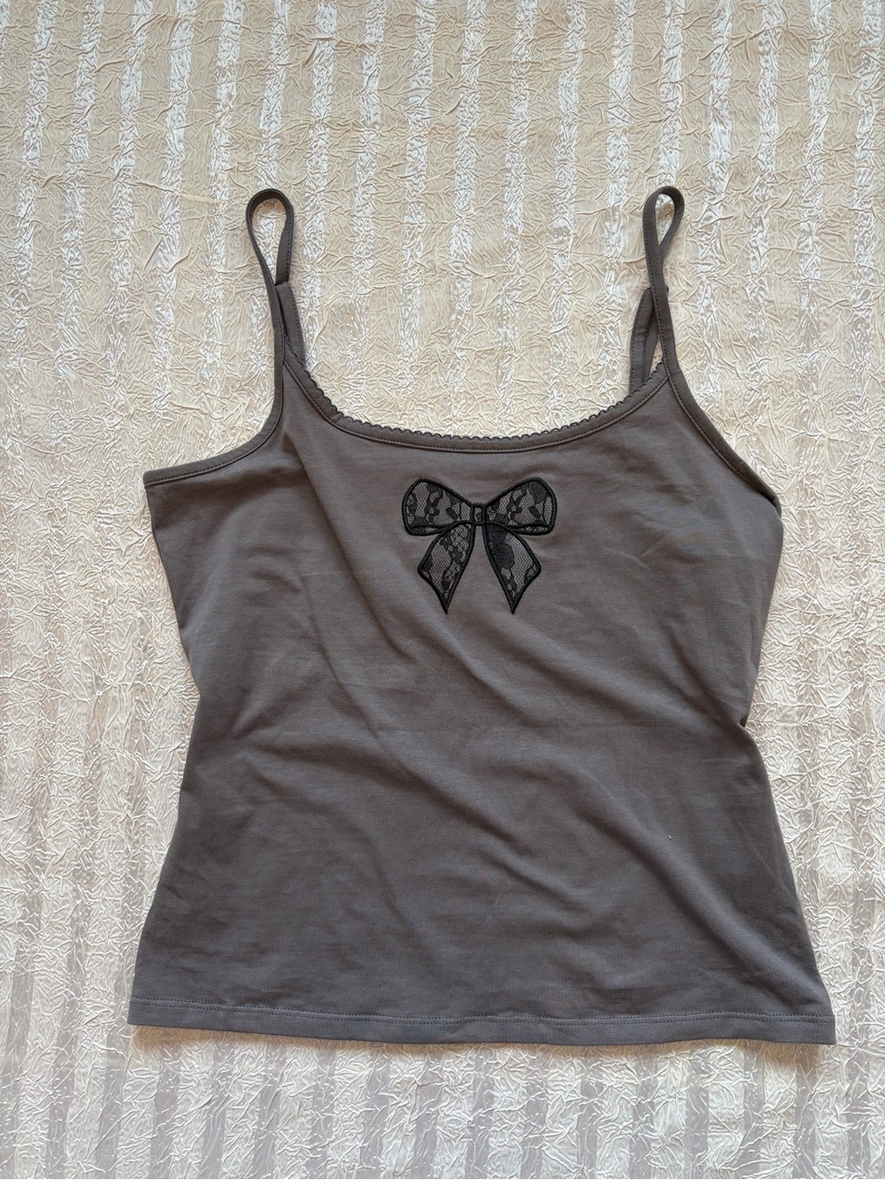Lucky 777 Women's Gray Dainty Camisole Tank Top with Bow Detail 99% Cotton - L